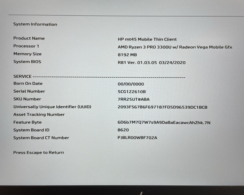 HP MT45 Mobile Thin Client 14" AMD Ryzen3 Pro 3300U 2.10GHz 8GB RAM No SSD/OS/AC