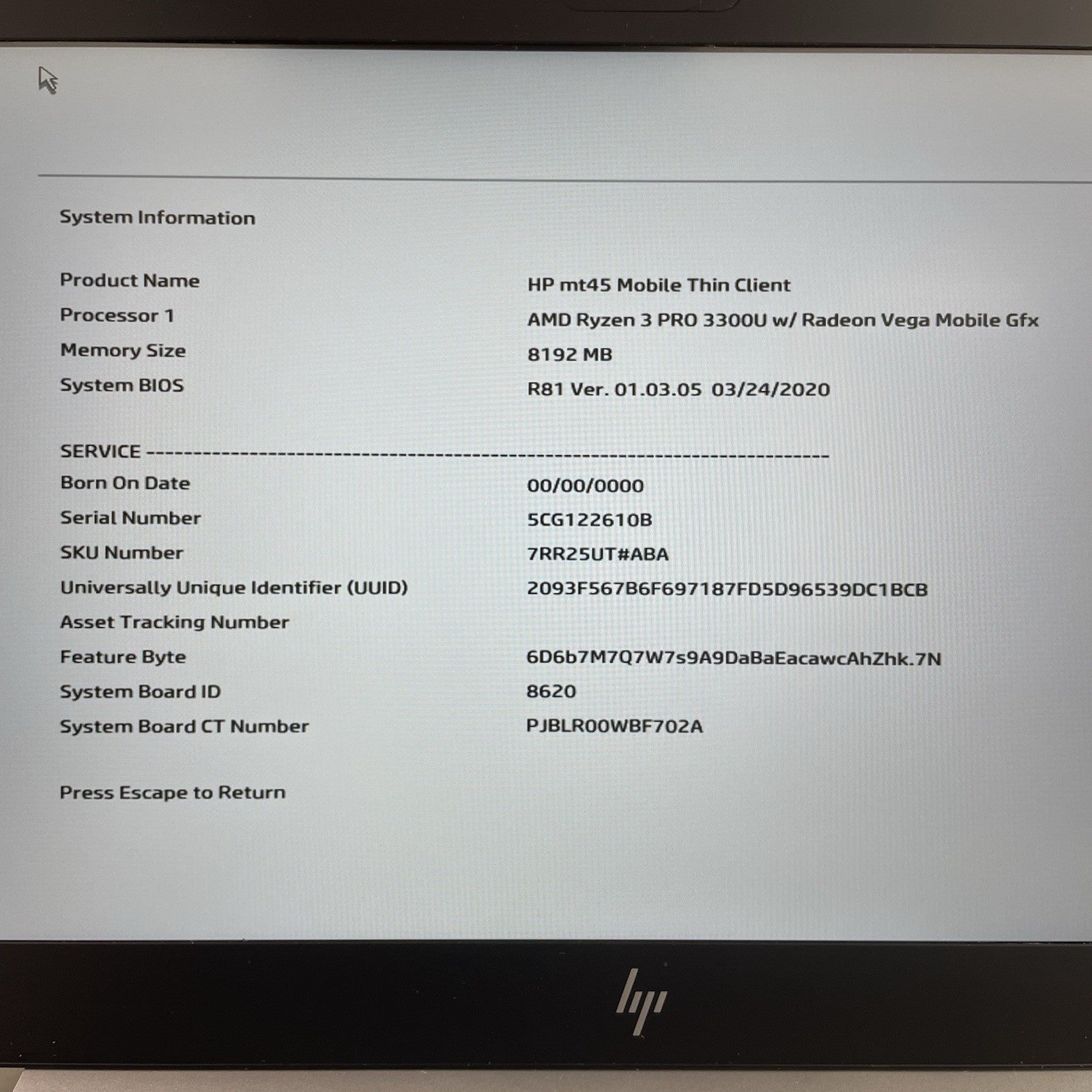 HP MT45 Mobile Thin Client 14" AMD Ryzen3 Pro 3300U 2.10GHz 8GB RAM No SSD/OS/AC2