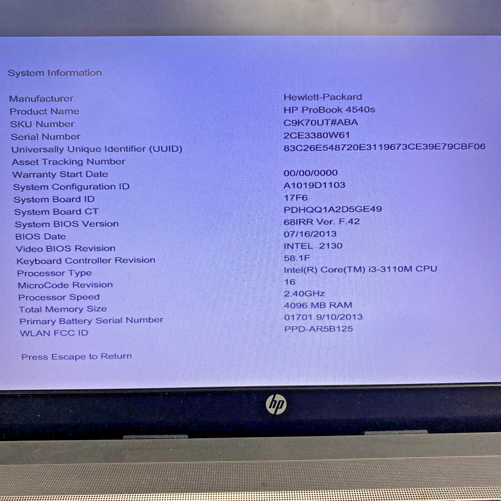 HP ProBook 4540s  15.6'' Intel Core i3-3110M 2.40GHz 4GB RAM WiFi No HDD No OS
