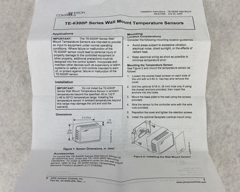 Johnson Controls TE-6314P-1 Wall Mount Temp. Sensor 1000 OHM Nickel Element
