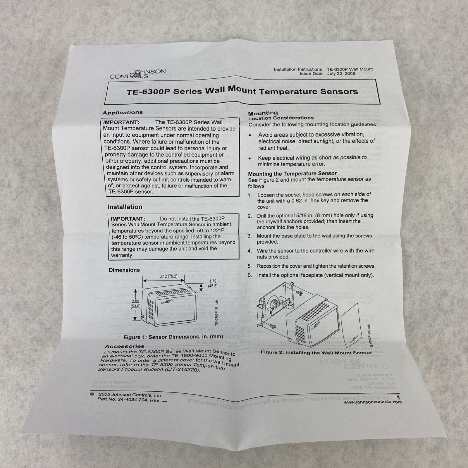 Johnson Controls TE-6314P-1 Wall Mount Temp. Sensor 1000 OHM Nickel Element11