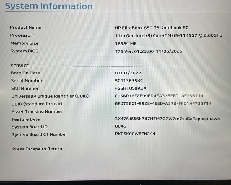HP EliteBook 850 G8 15.6" i5-1145G7 2.60 GHz 16 GB RAM No SSD/OS/AC - Dents