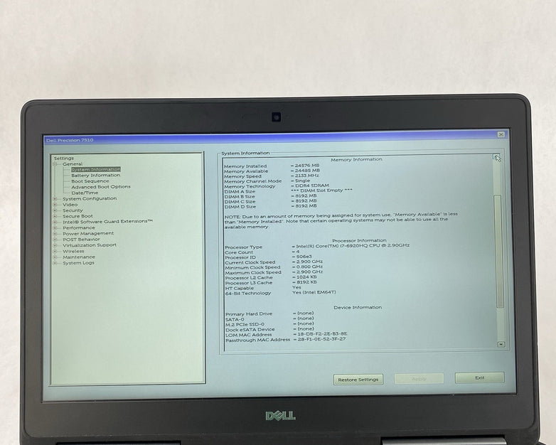 Dell Precision 7510 15.6" i7-6920HQ 2.90 GHz 8GB RAM No SSD/OS/AC