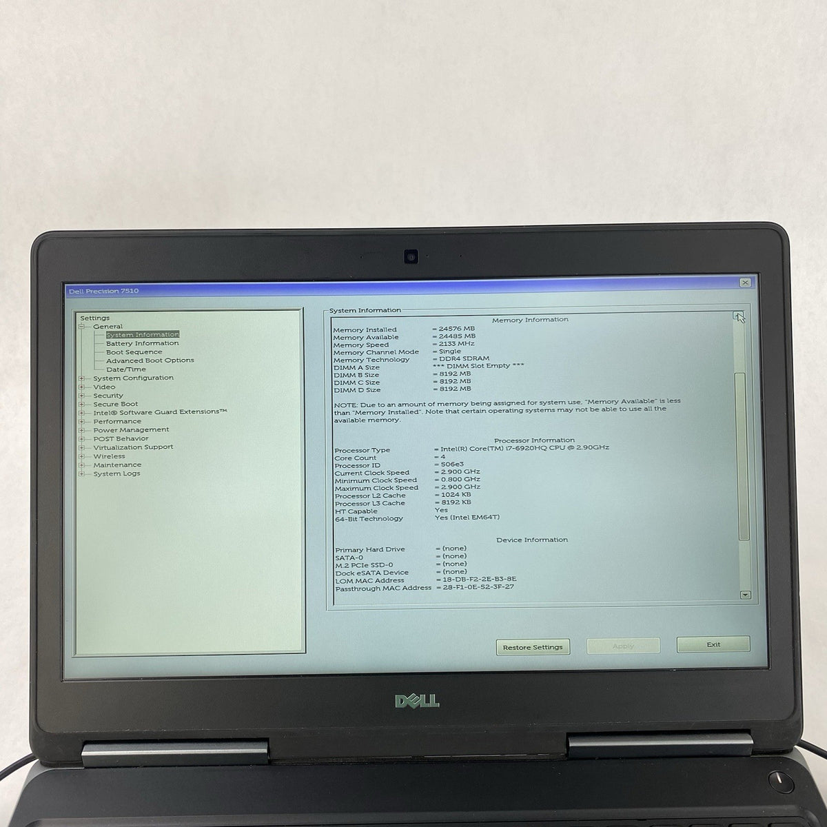 Dell Precision 7510 15.6" i7-6920HQ 2.90 GHz 8GB RAM No SSD/OS/AC2