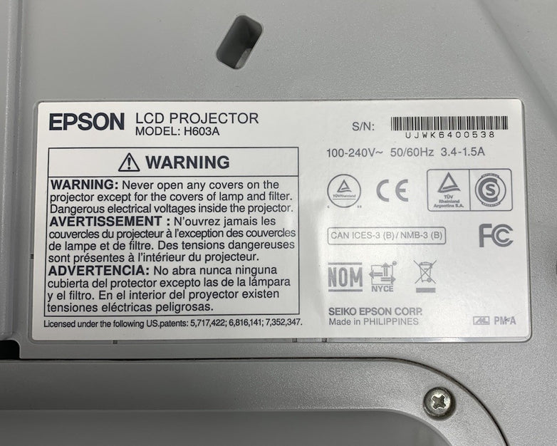 Epson H603A PowerLite 575W LCD Projector No Remote 2521 Lamp Hours
