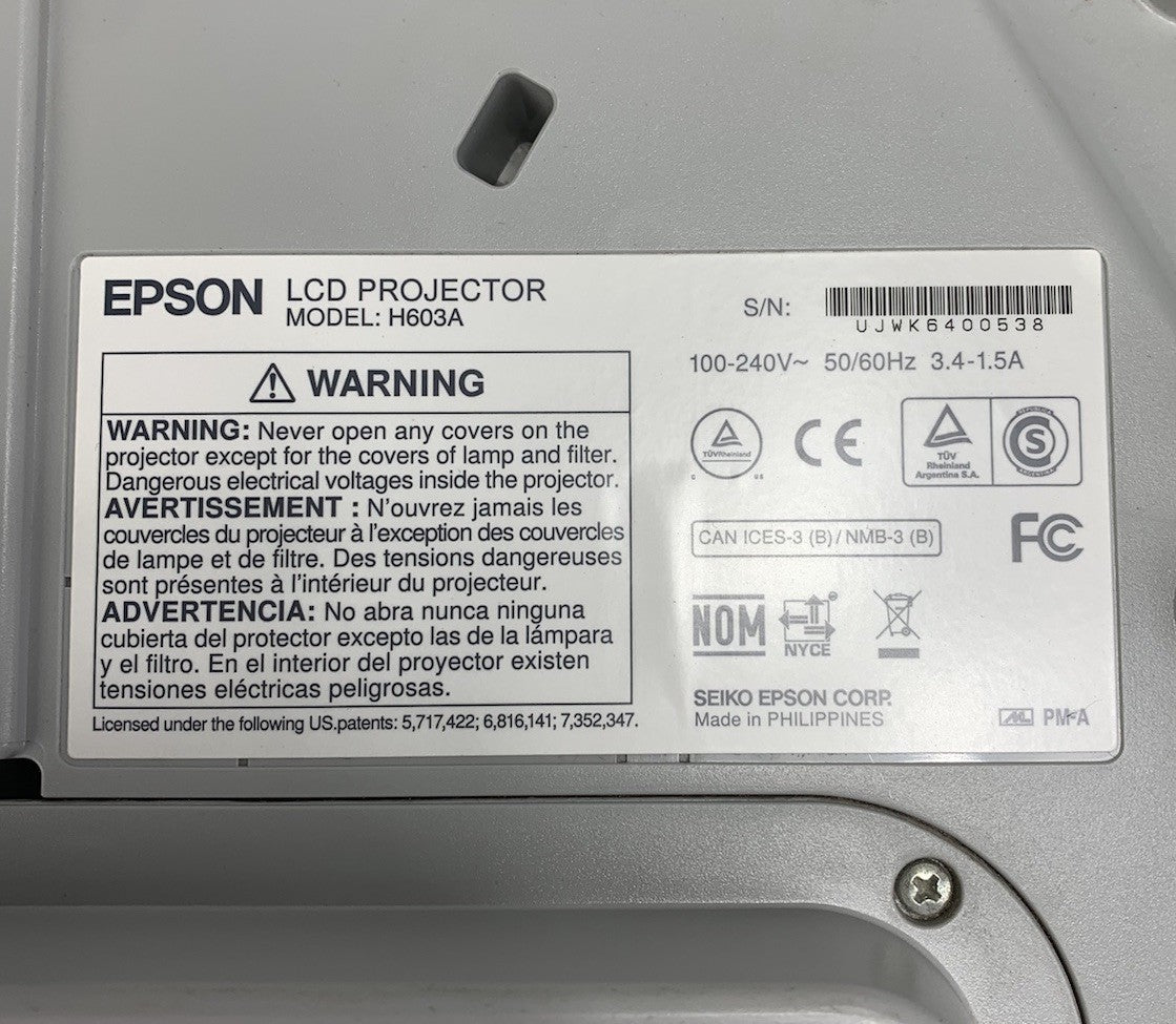 Epson H603A PowerLite 575W LCD Projector No Remote 2521 Lamp Hours