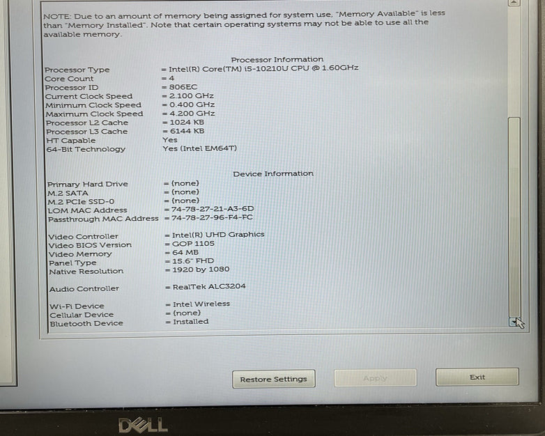 Dell Latitude 5510 15.6" i5-10210U 1.60 GHz 8 GB RAM No SSD/OS/AC - Worn READ