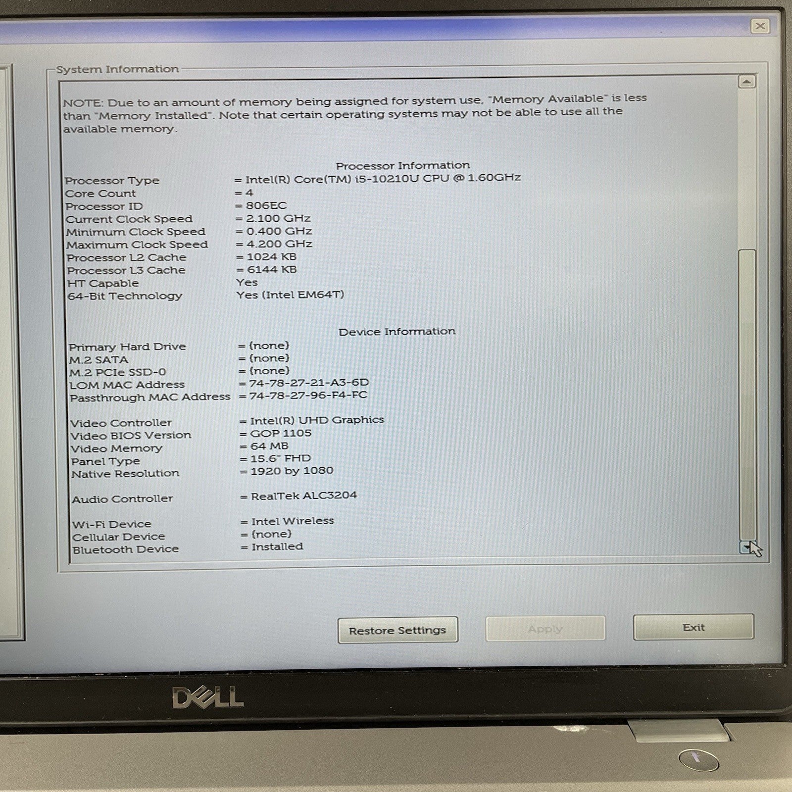 Dell Latitude 5510 15.6" i5-10210U 1.60 GHz 8 GB RAM No SSD/OS/AC - Worn READ3