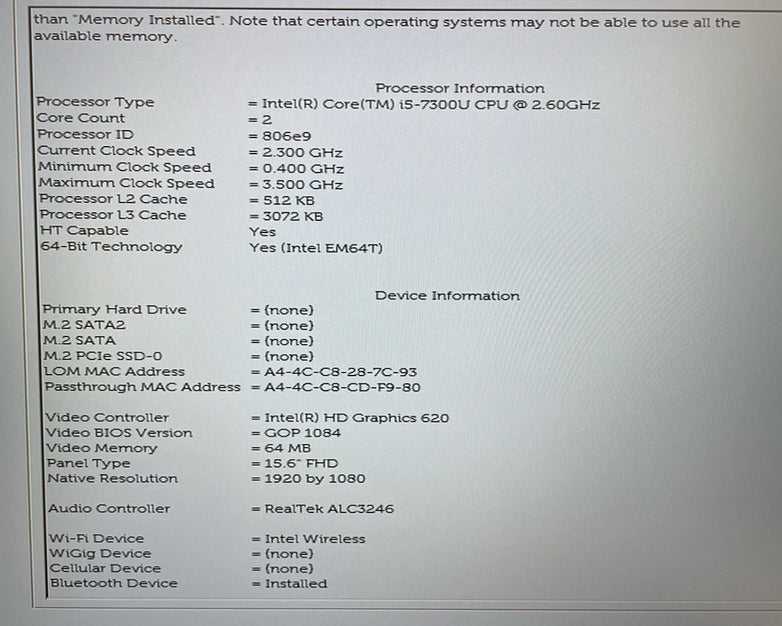 Dell Latitude 5580 15.6" i5-7300U 2.60 GHz 8 GB RAM No SSD/OS/AC/Batt