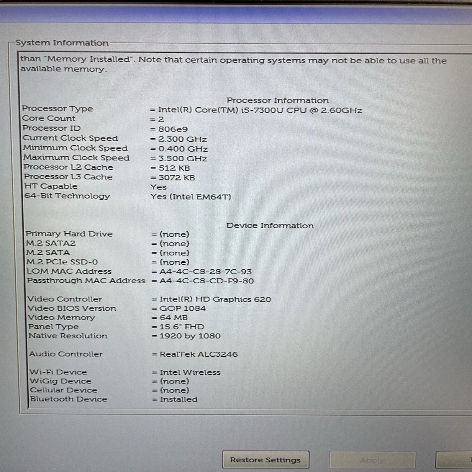 Dell Latitude 5580 15.6" i5-7300U 2.60 GHz 8 GB RAM No SSD/OS/AC/Batt3