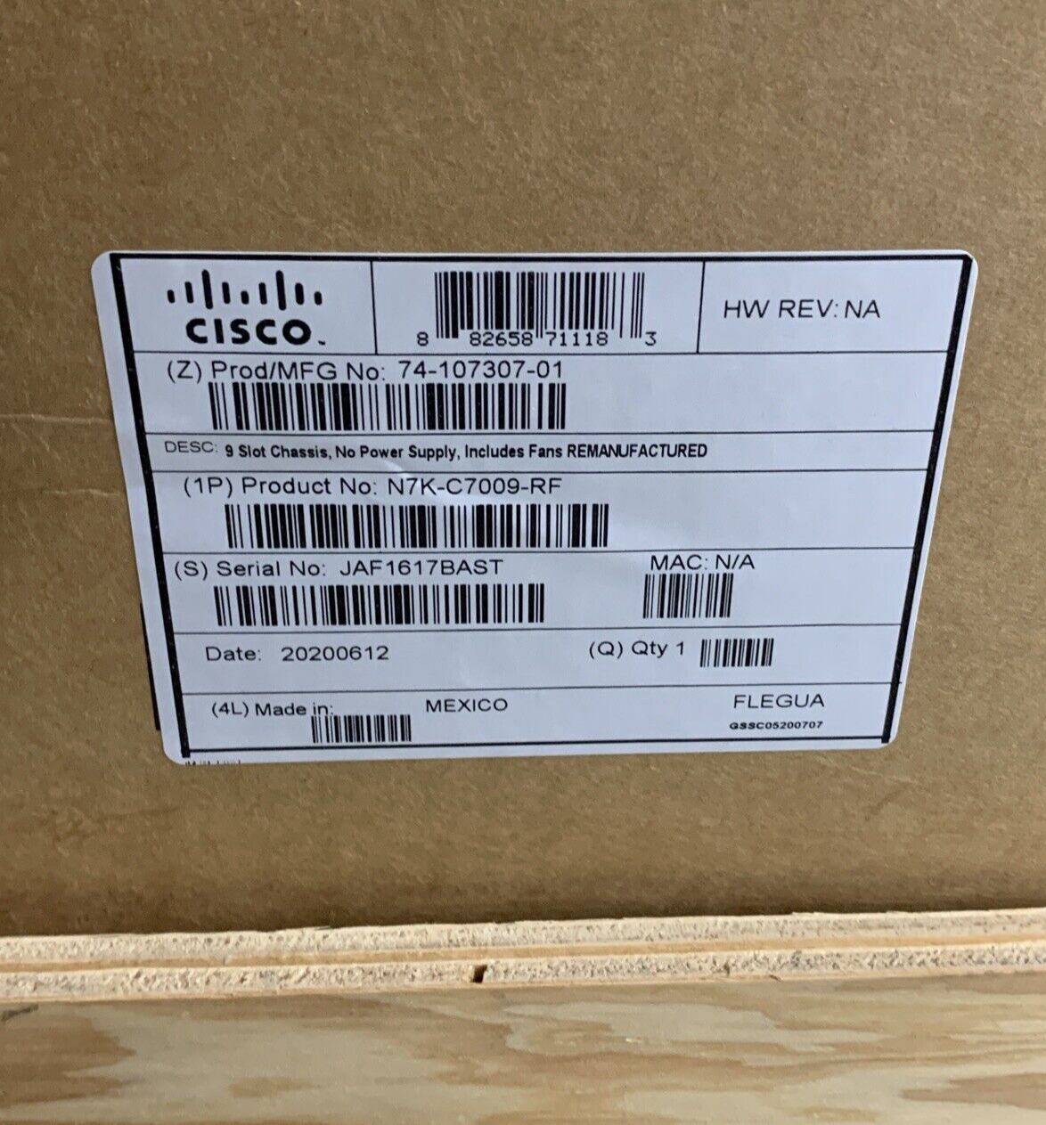 Cisco N7K-C7009 NEXUS 7000 Series 9x Blank Chassis Box Opened W/53-3374-01 Kit