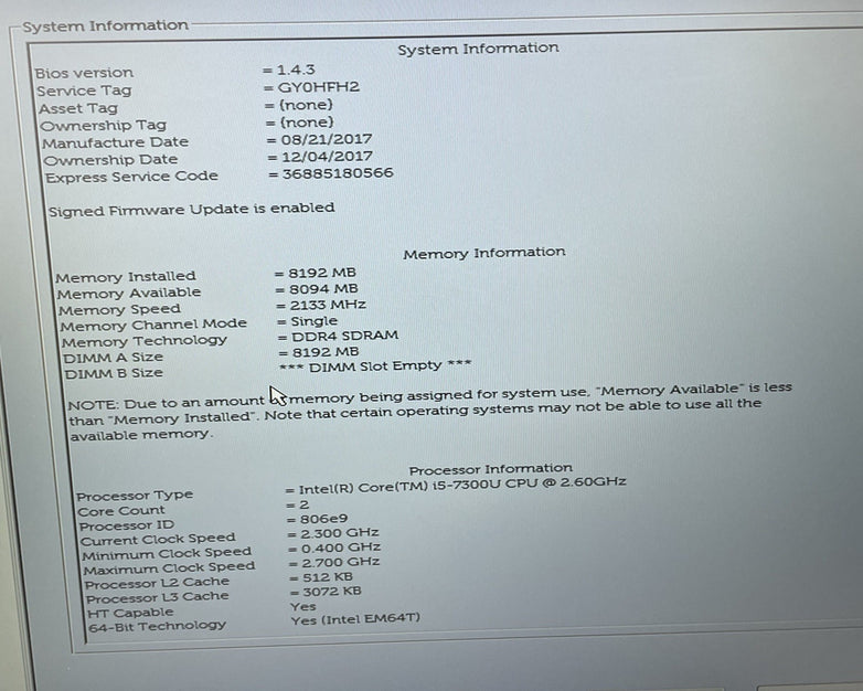 Dell Latitude 5580 15.6" Core i5-7300U 2.60 GHz 8 GB RAM No HDD No OS