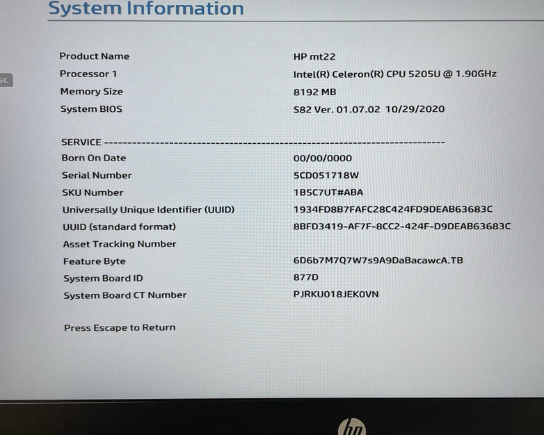 HP mt22 Thin Client 14" Celeron 5205U 1.90 GHz 8 GB RAM No SSD/AC/OS/Batt