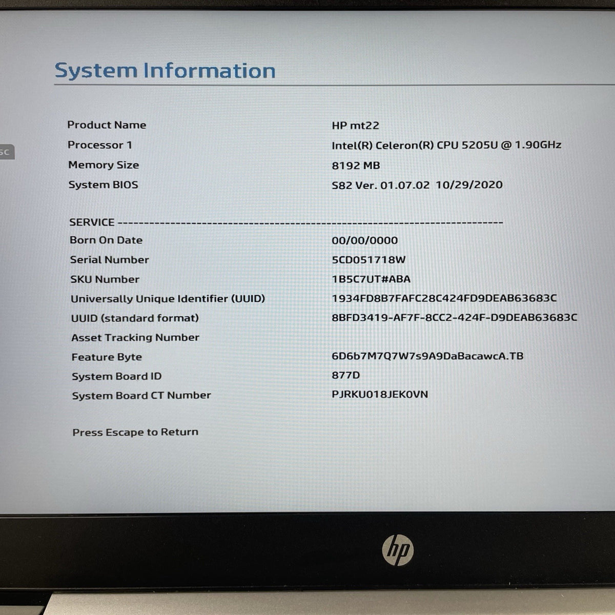 HP mt22 Thin Client 14" Celeron 5205U 1.90 GHz 8 GB RAM No SSD/AC/OS/Batt2