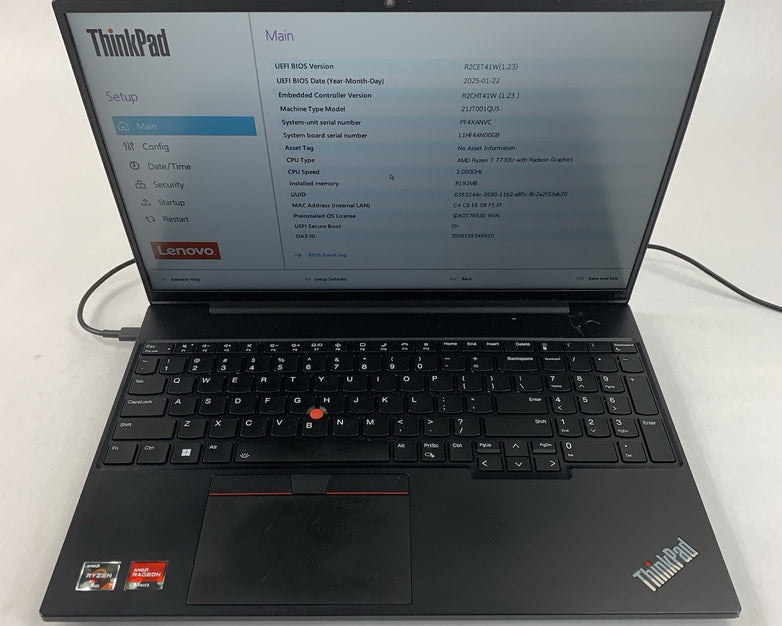 Lenovo ThinkPad E16 Gen 1 AMD Ryzen 7 7730u 2.0 GHz 8 GB Ram No OS/SSD/AC/Batt