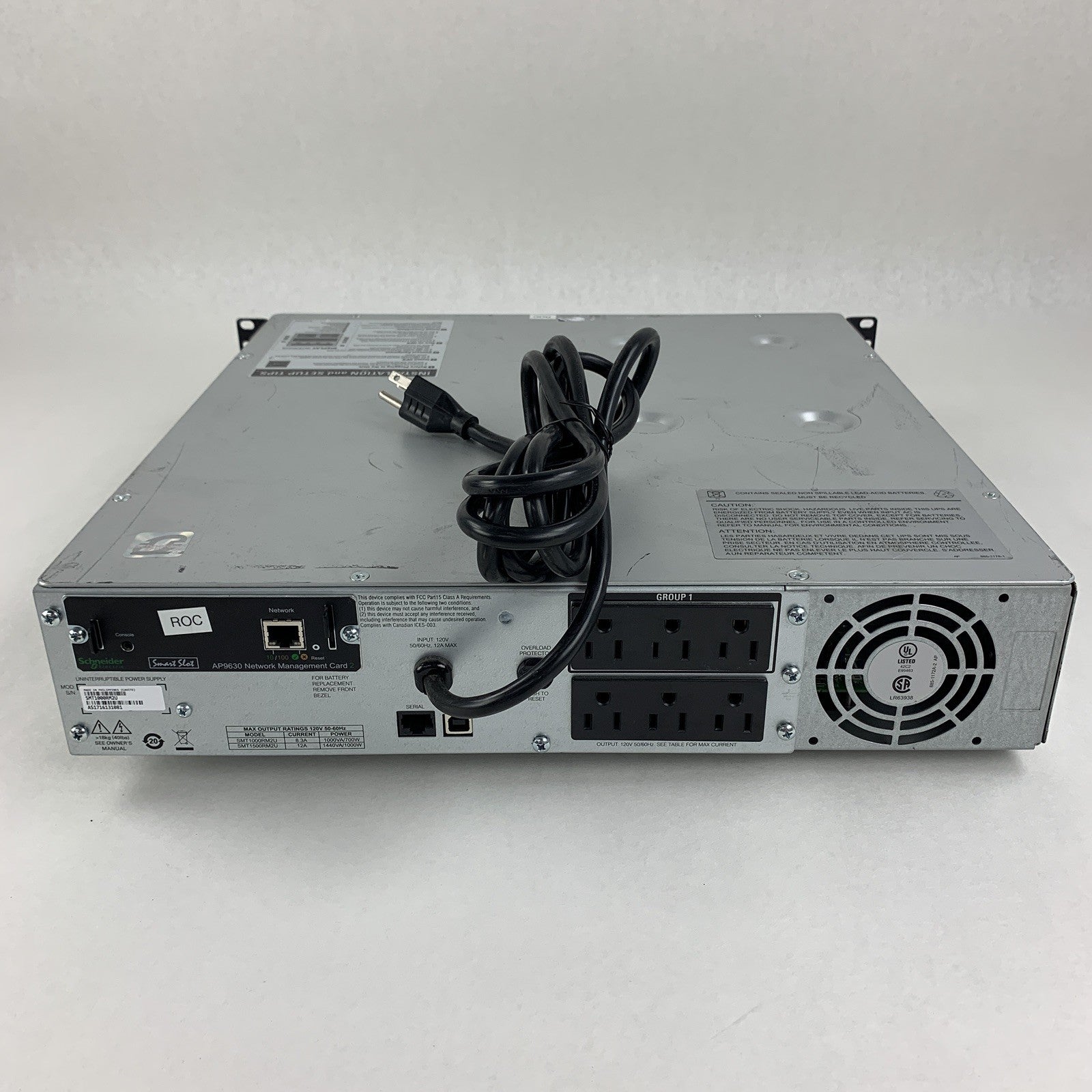 APC SMT1000RM2U Smart UPS Back Up Tested W/ AP9630 No Batteries No Faceplate