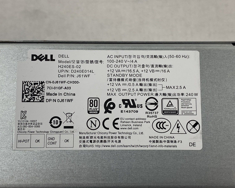 Dell H240ES-02 0J61WF 240W 80 Plus Bronze Power Supply Tested