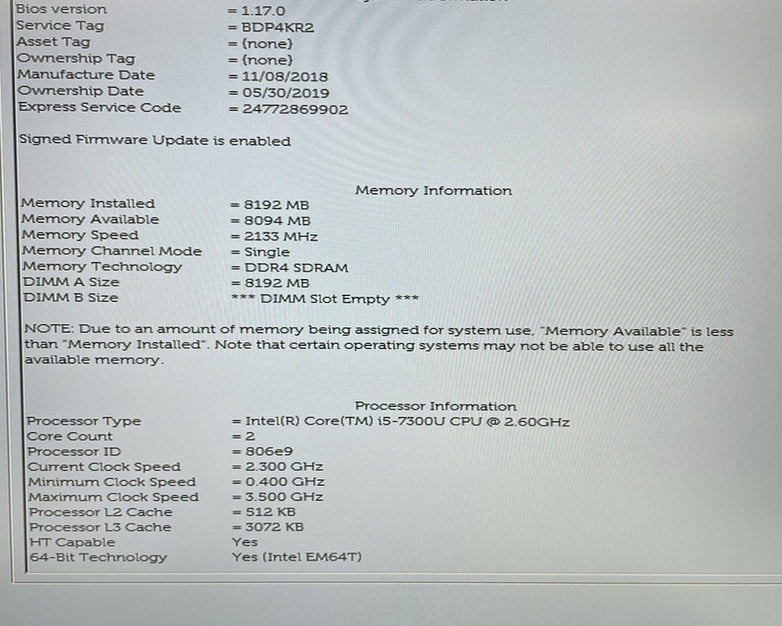 Dell Latitude 7490 14" i5-7300U 2.60 GHz 8 GB RAM No SSD/OS/AC