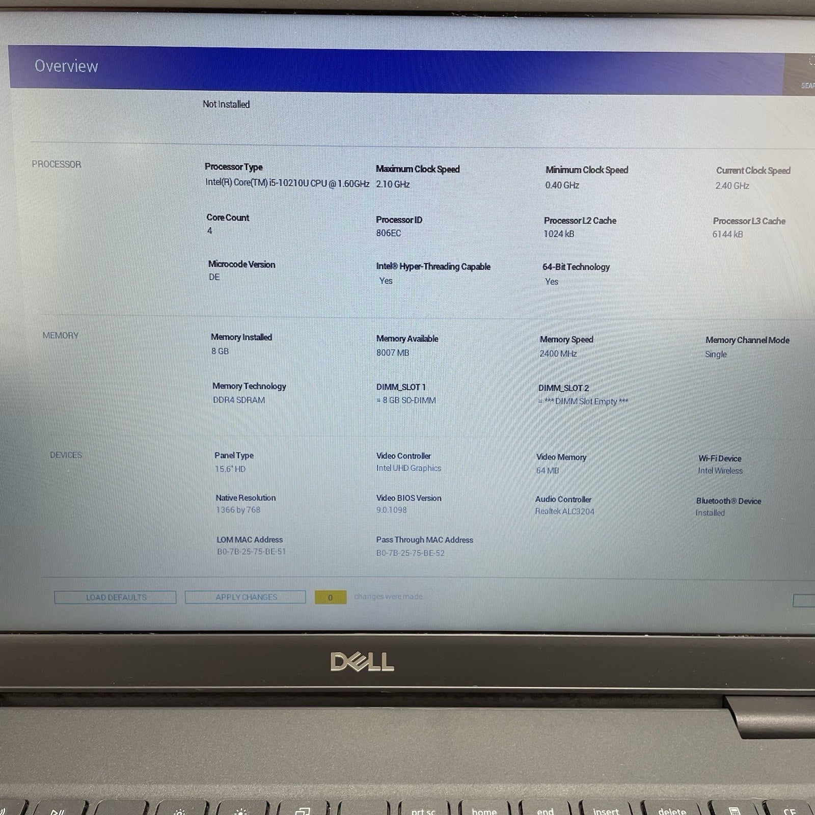 Dell Latitude 3510 15.6" i5-10210U 1.60 GHz 8GB RAM No SSD/OS/AC - Missing N Key3