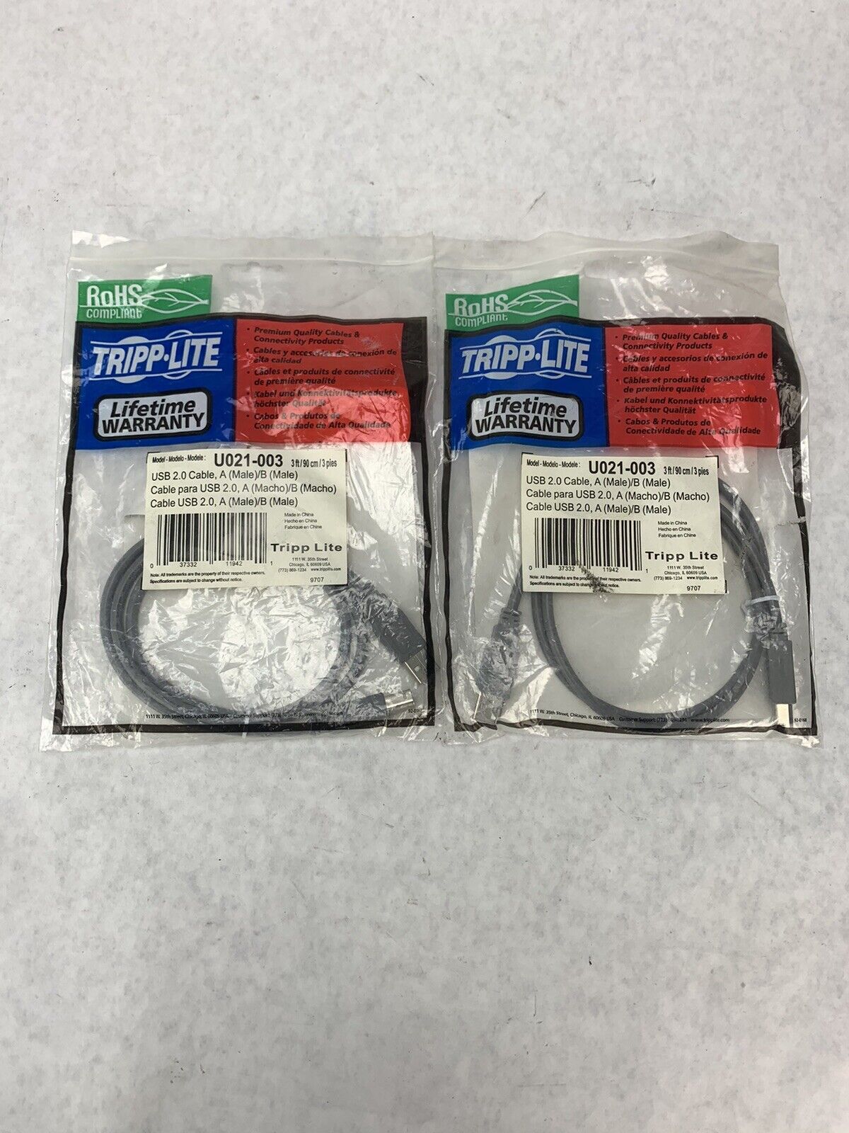 Lot 2 Tripp Lite USB 2.0 Hi-Speed A/B Cables M/M 3-ft. U021-003 New