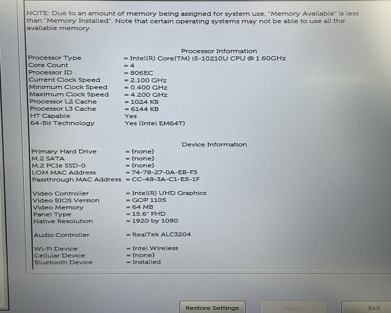 Dell Latitude 5510 15.6" i5-10210U 1.60 GHz 8 GB RAM No SSD/OS/AC - READ