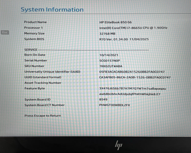 HP EliteBook 850 G6 i7-8665U 1.90 GHz 32 GB RAM No SSD/OS/AC