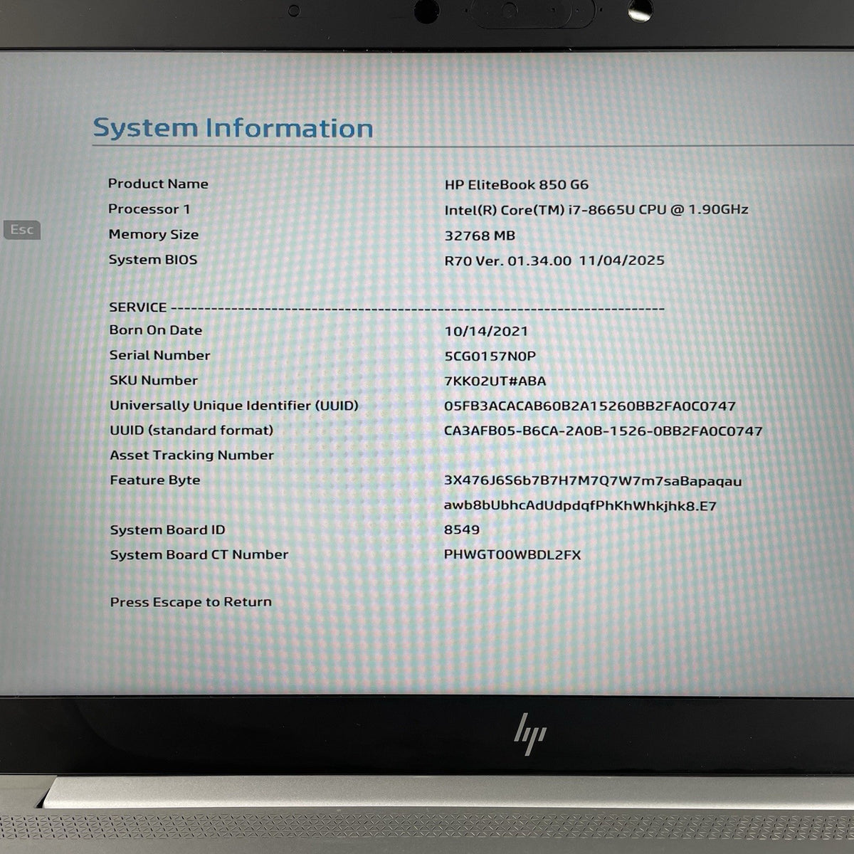 HP EliteBook 850 G6 i7-8665U 1.90 GHz 32 GB RAM No SSD/OS/AC4