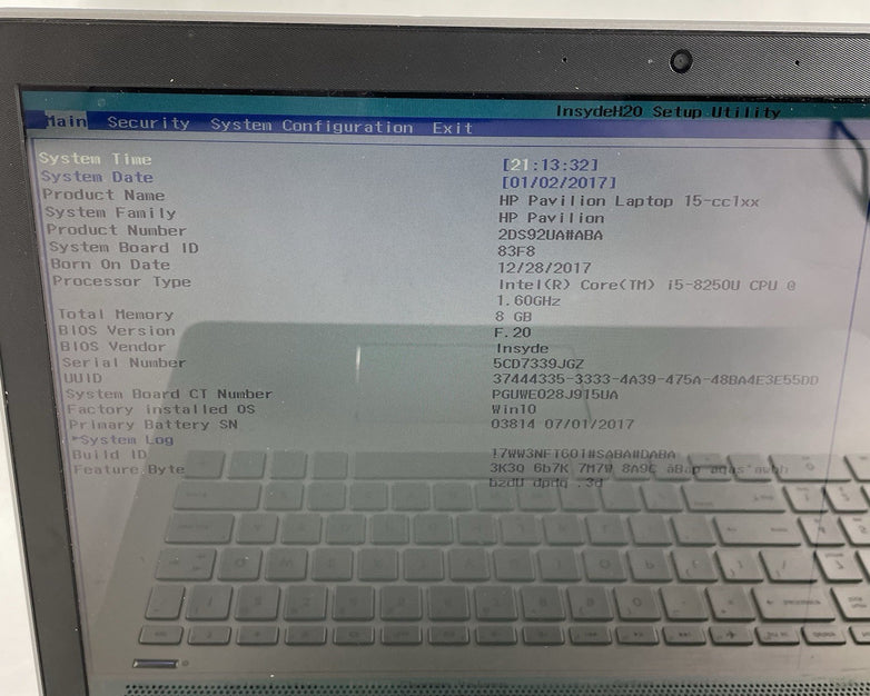 HP Pavilion 15-cc123cl 15.6" i5-8250U 1.60 GHz 8GB RAM No SSD No OS - Bad Bottom