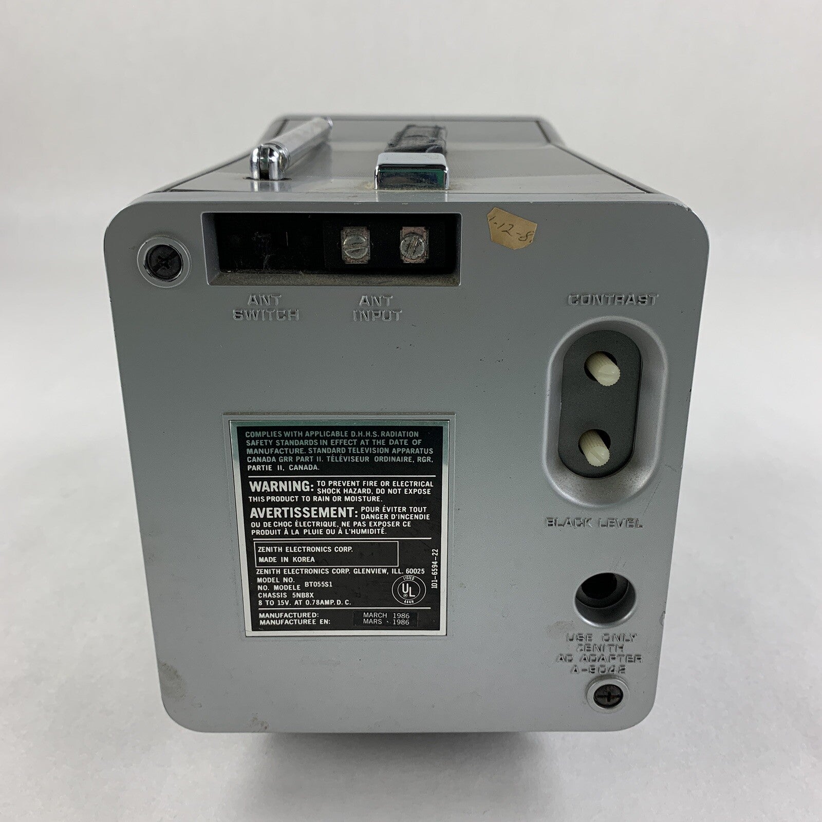 Zenith BT055S1 Portable 5” Television AM/FM Radio 1986 Vintage Untested