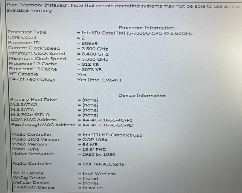 Dell Latitude 5580 15.6" i5-7300U 2.60 GHz 8 GB RAM No SSD/OS/Battery