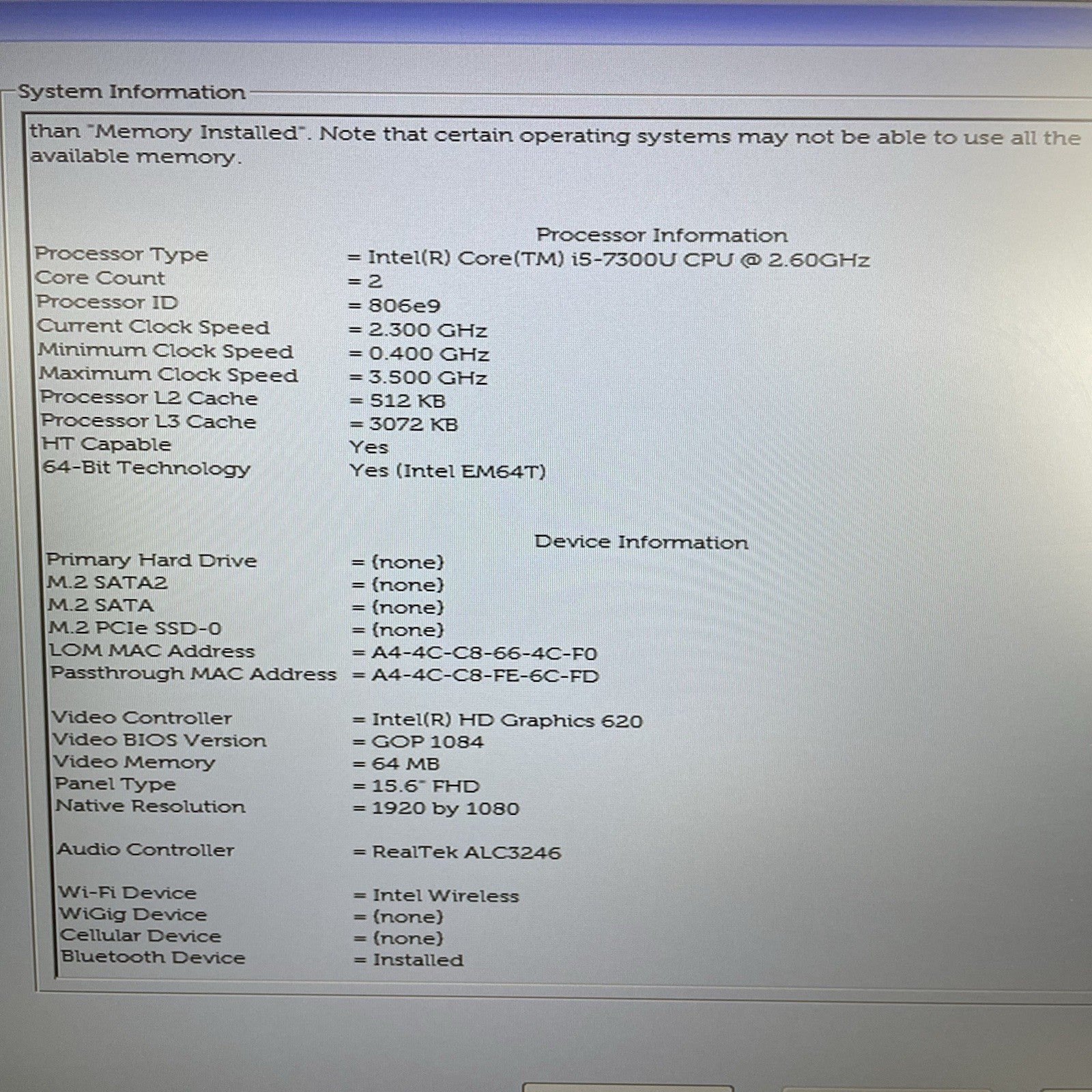 Dell Latitude 5580 15.6" i5-7300U 2.60 GHz 8 GB RAM No SSD/OS/Battery2