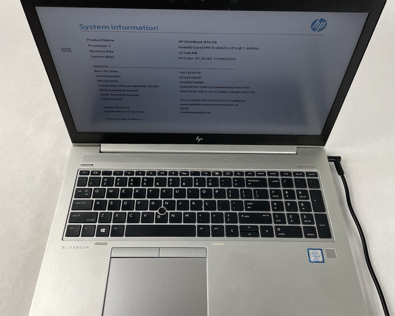 HP EliteBook 850 G6 15.6" i5-8365U 1.60 GHz 32 GB RAM No SSD/OS/AC