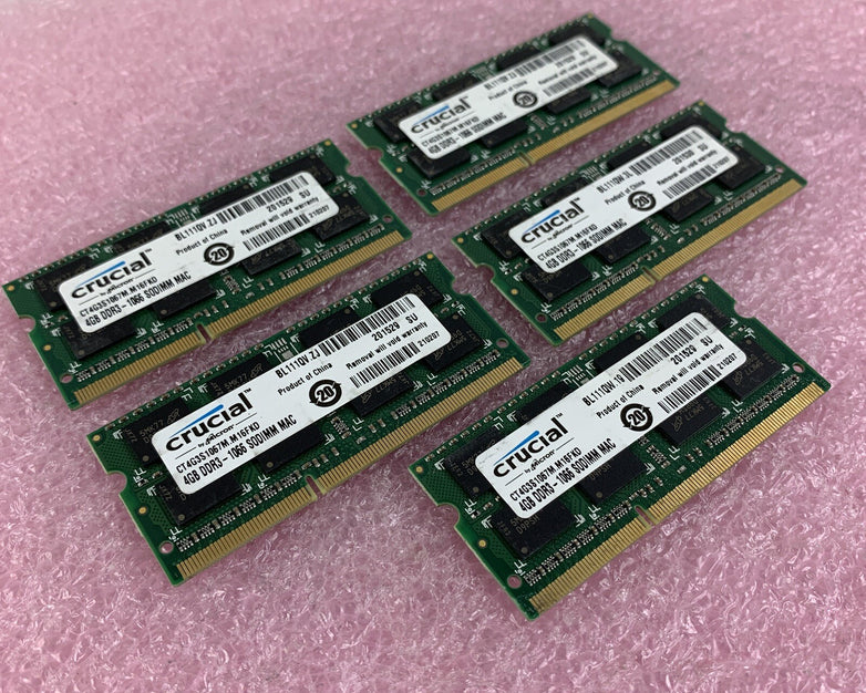 Crucial CT4G3S1067M.M16FKD 4 GB DDR3-1066 PC3-8500S 2Rx8 Laptop Lot of 5x