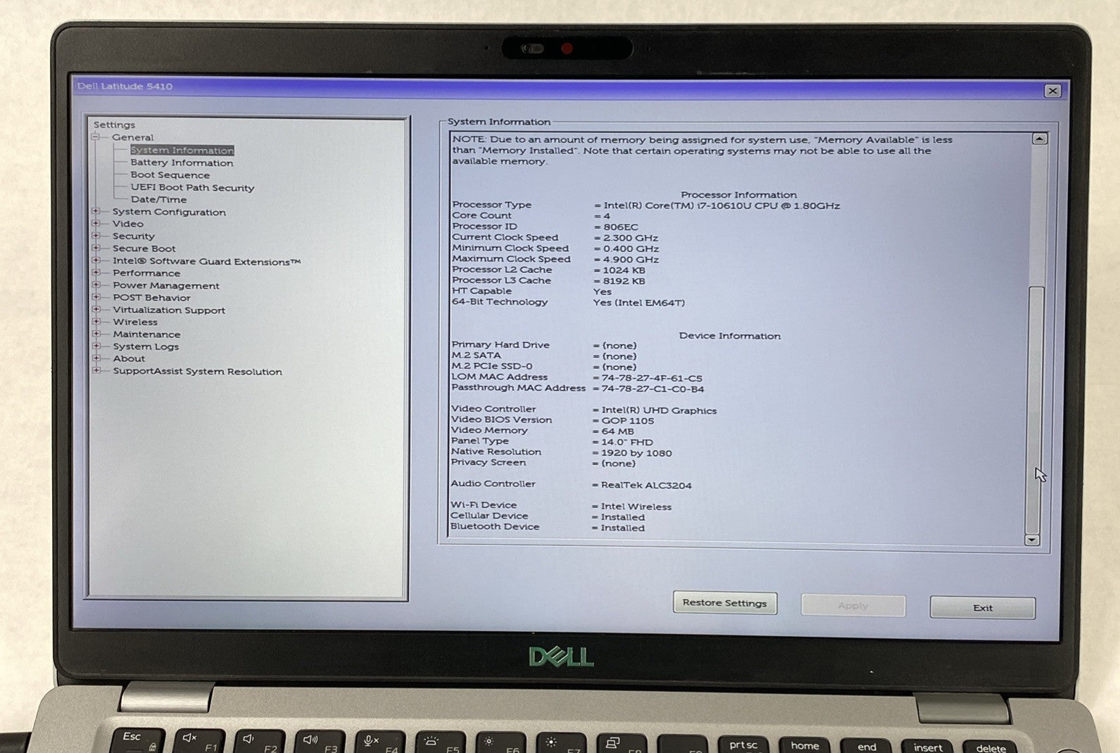 Dell Latitude 5410 Intel Core i7-10610U 1.80 GHz 16 GB RAM 14" No SSD No OS
