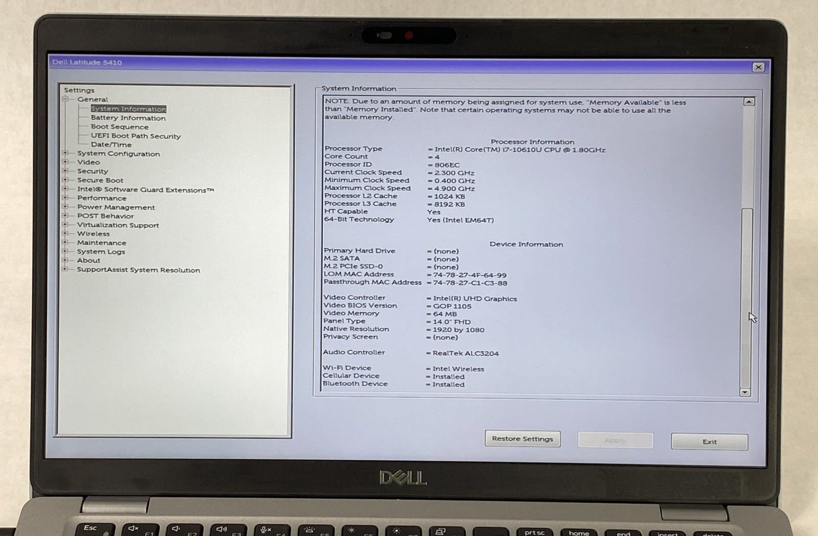 Dell Latitude 5410 Core i7-10610U 1.8 GHz 16GB RAM 14.0" No Battery No SSD No OS
