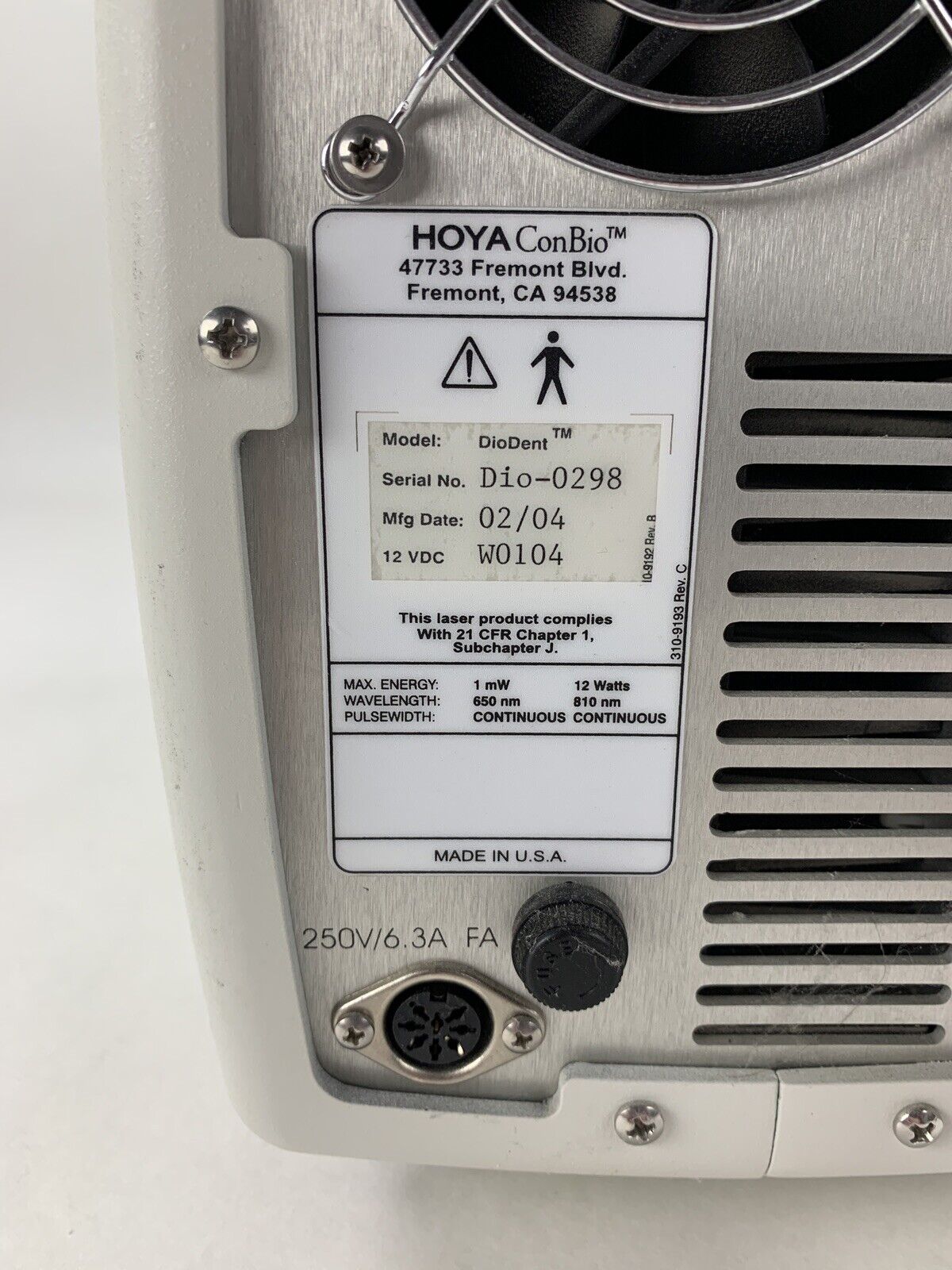 Hoya ConBio DioDent laser Unit Oral Tissue Ablation System W/ Power Supply