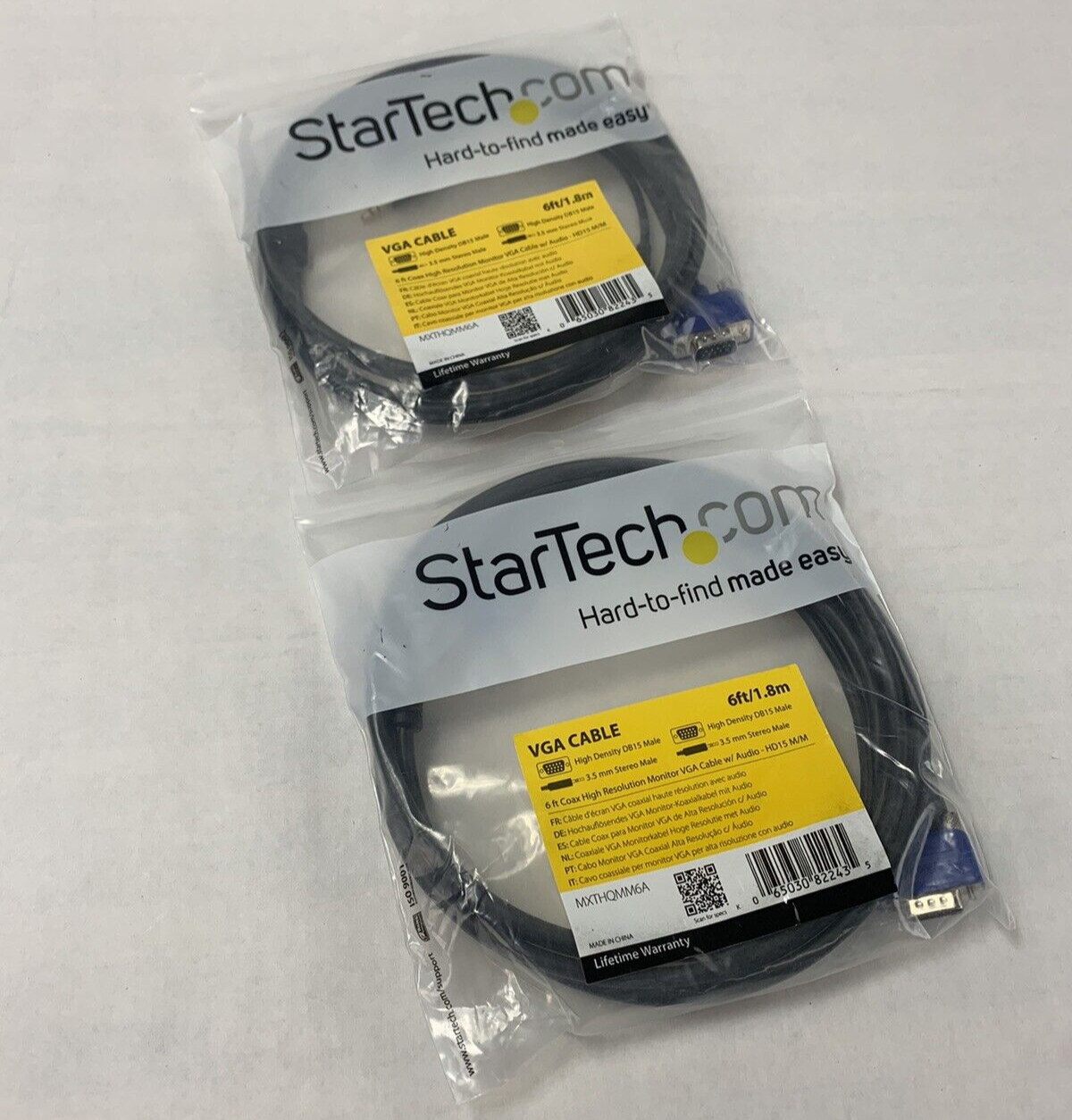 Lot 2 Startech 6ft High Resolution VGA HD15 Video Monitor Cable Male-Male