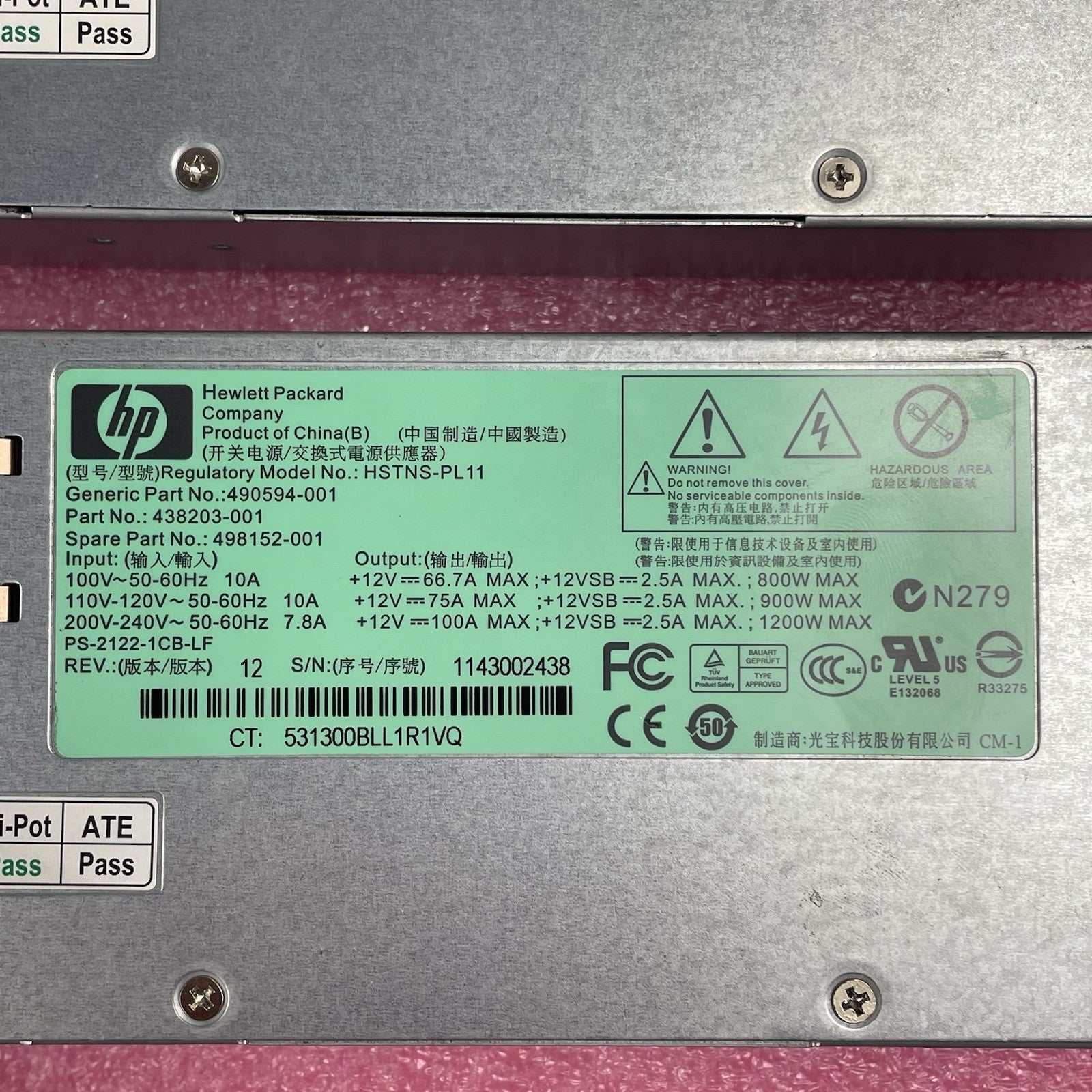 HP ProLiant 10th Gen 500W 80 Plus Platinum PSU Power Supply 865399-101 Lot of 2