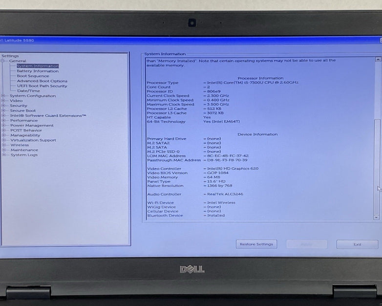 Dell Latitude 5580 Core i5-7300U 2.60 GHz 8 GB RAM 15.6" No Battery No HDD No OS