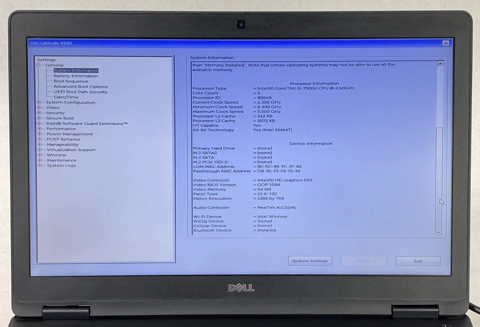 Dell Latitude 5580 Core i5-7300U 2.60 GHz 8 GB RAM 15.6" No Battery No HDD No OS