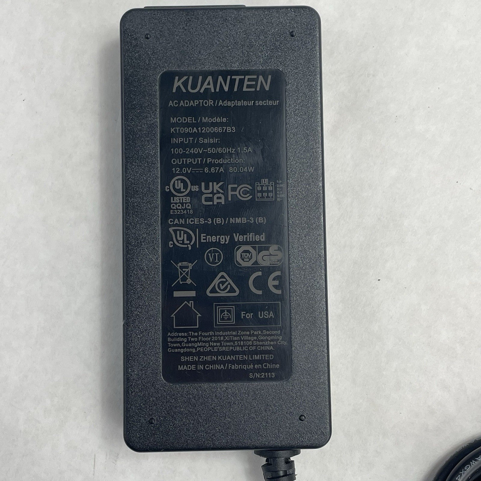 Kuanten AC  Adapter 12V 6.67A 80W KT090A1200667B3  No Power Cord 6 pin4