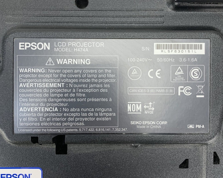 Epson PowerLite 1940W H474A LCD Lamp Projector 2703 Hours - No Remote