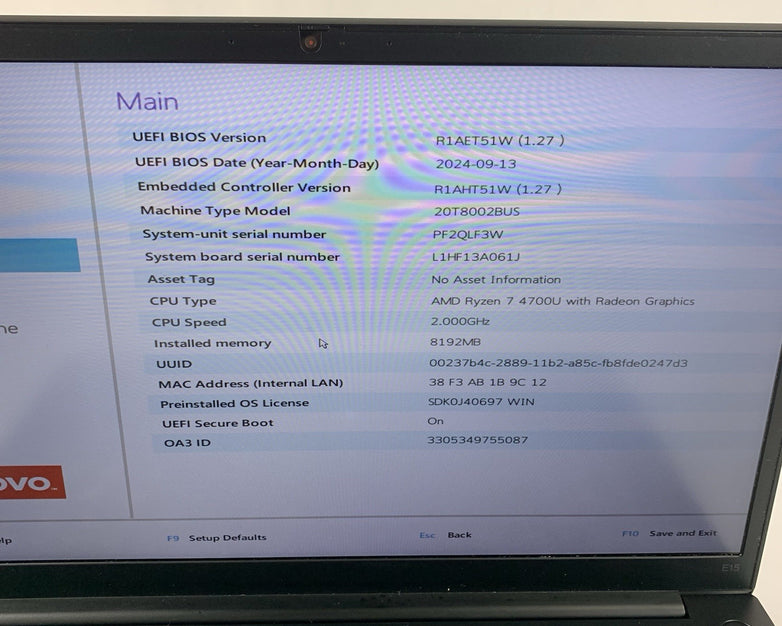 Lenovo ThinkPad E15 Gen 2 15.6" Ryzen 7 4700U 2.0 GHz 8 GB Ram No OS/HDD/AC