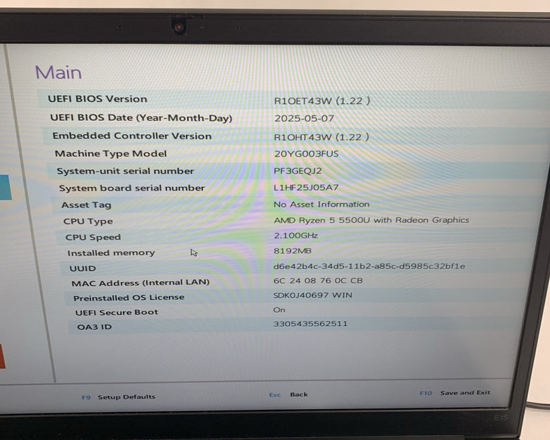 Lenovo ThinkPad E15 Gen 3 15.6" Ryzen 5 5500U 2.1 GHz 8 GB RAM No OS/HDD/AC/Batt