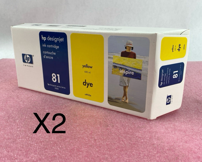 HP Designjet Ink Cartridge C4933a Yellow 81 New OEM Box Sealed 08 Lot of 2
