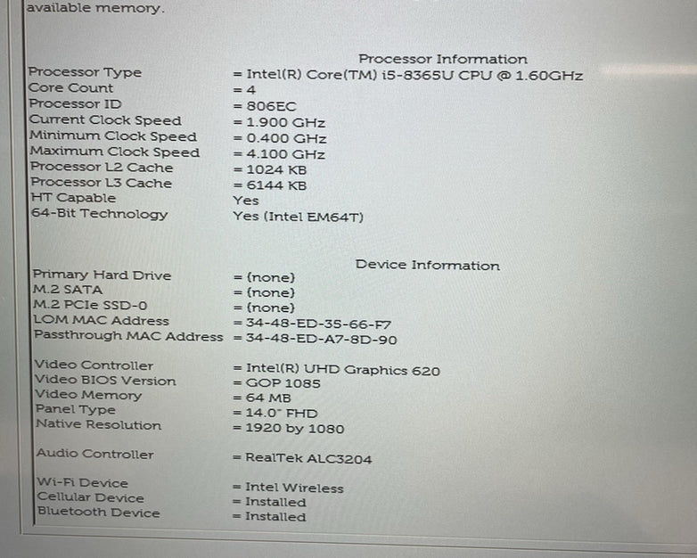 Dell Latitude 5400 14" i5-8365U 1.60 GHz 8 GB RAM No SSD/OS/AC/Batt - READ