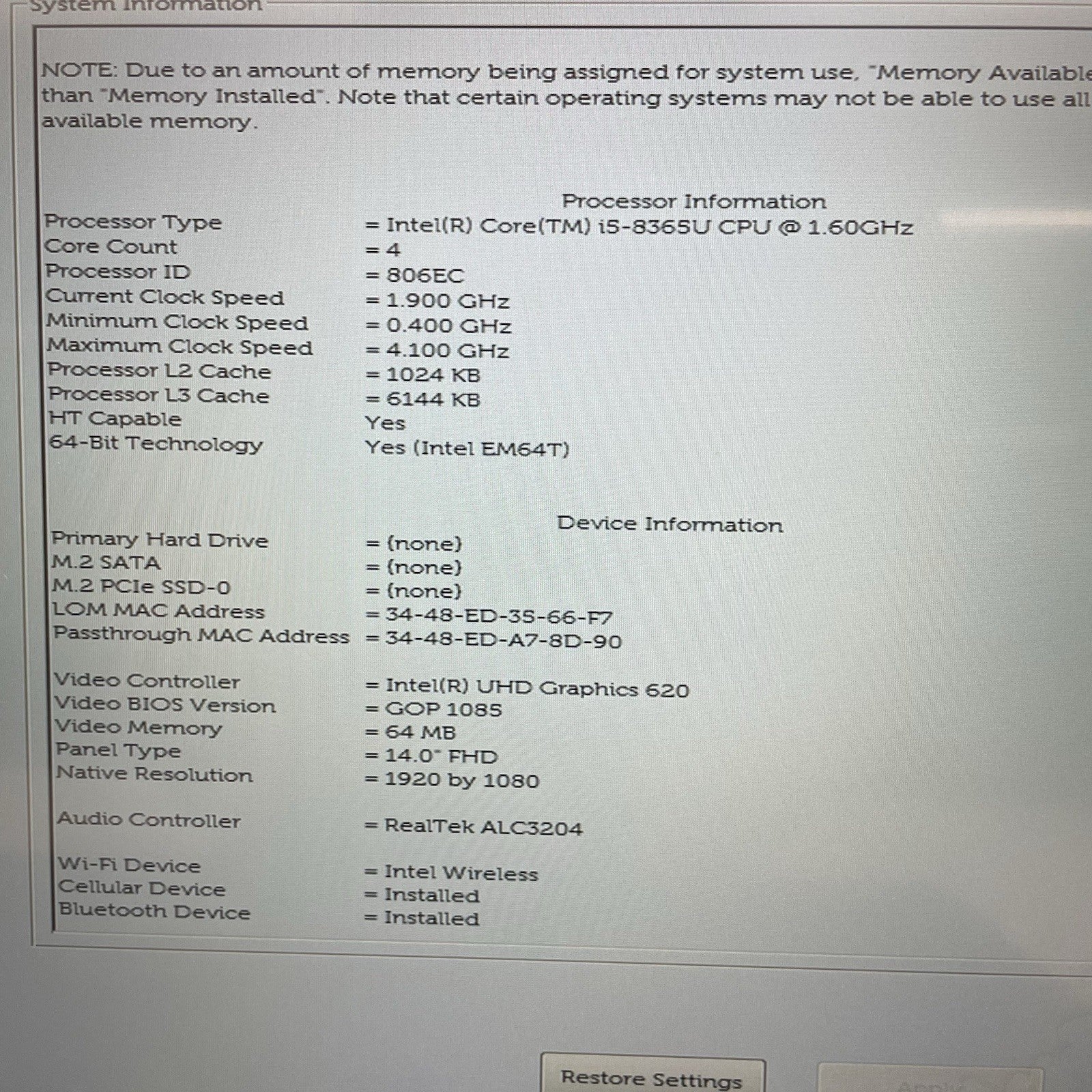 Dell Latitude 5400 14" i5-8365U 1.60 GHz 8 GB RAM No SSD/OS/AC/Batt - READ2