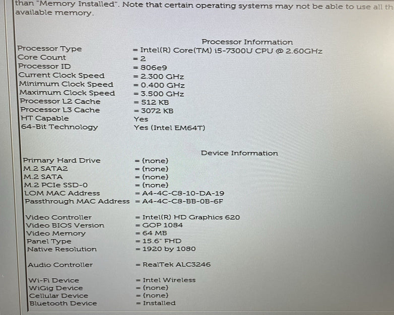 Dell Latitude 5580 15.6" i5-7300U 2.60 GHz 8 GB RAM No SSD/OS