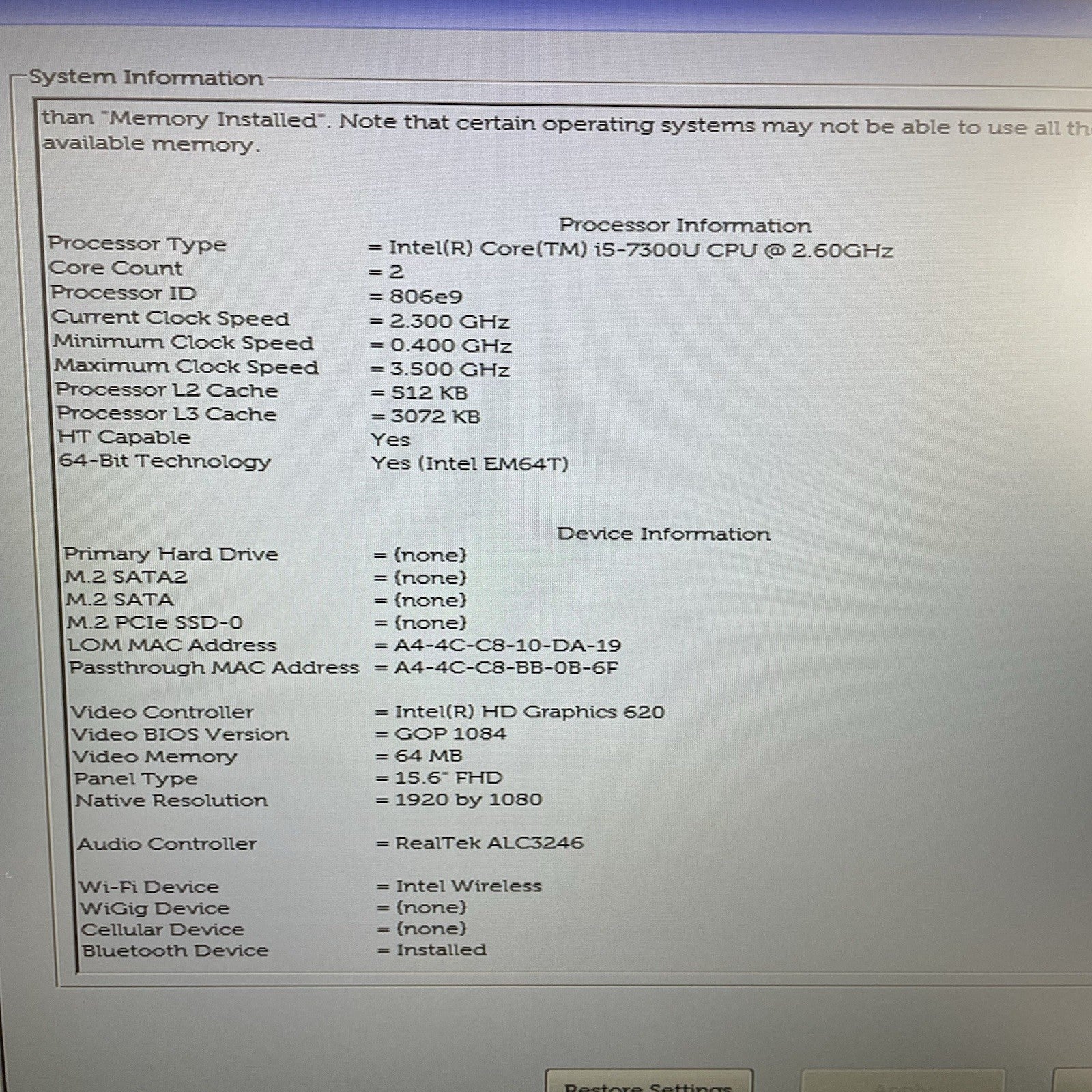 Dell Latitude 5580 15.6" i5-7300U 2.60 GHz 8 GB RAM No SSD/OS3