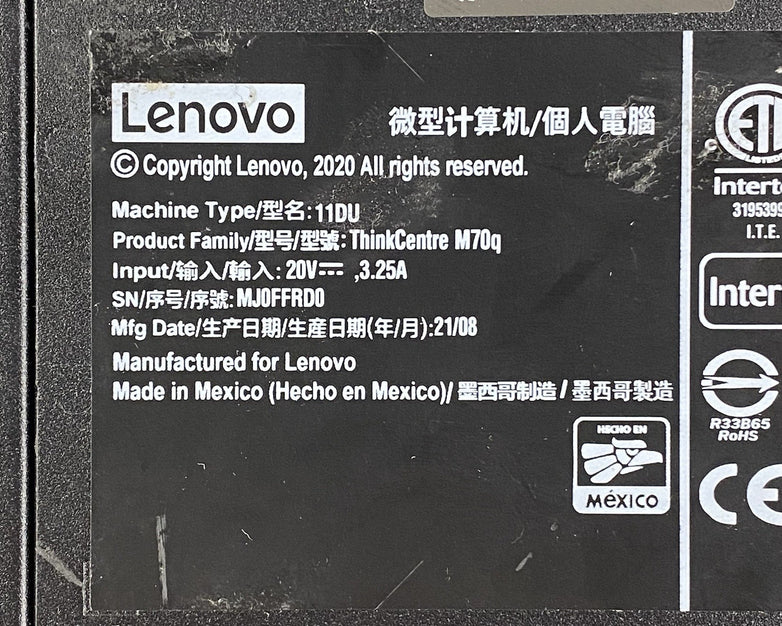 Lenovo ThinkCentre M70q Micro Intel Core i5-10500T 2.3GHz 8GB RAM No HDD/OS/AC
